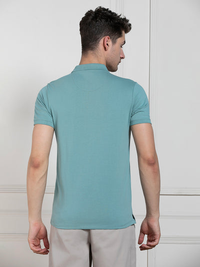Dennis Lingo Men's Sea Blue Polo Collar Solid Regular Fit T-Shirt