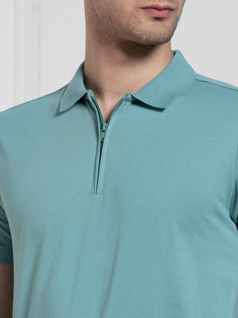 Men's Sea Blue Polo Collar Solid Regular Fit T-Shirt