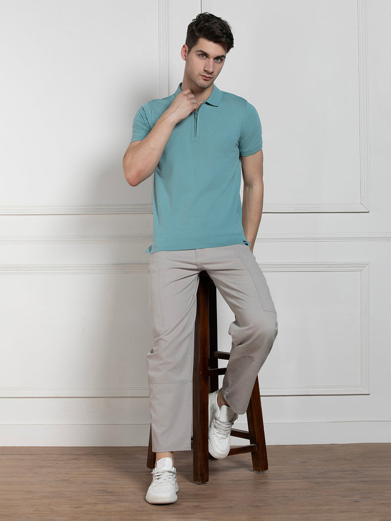 Men's Sea Blue Polo Collar Solid Regular Fit T-Shirt