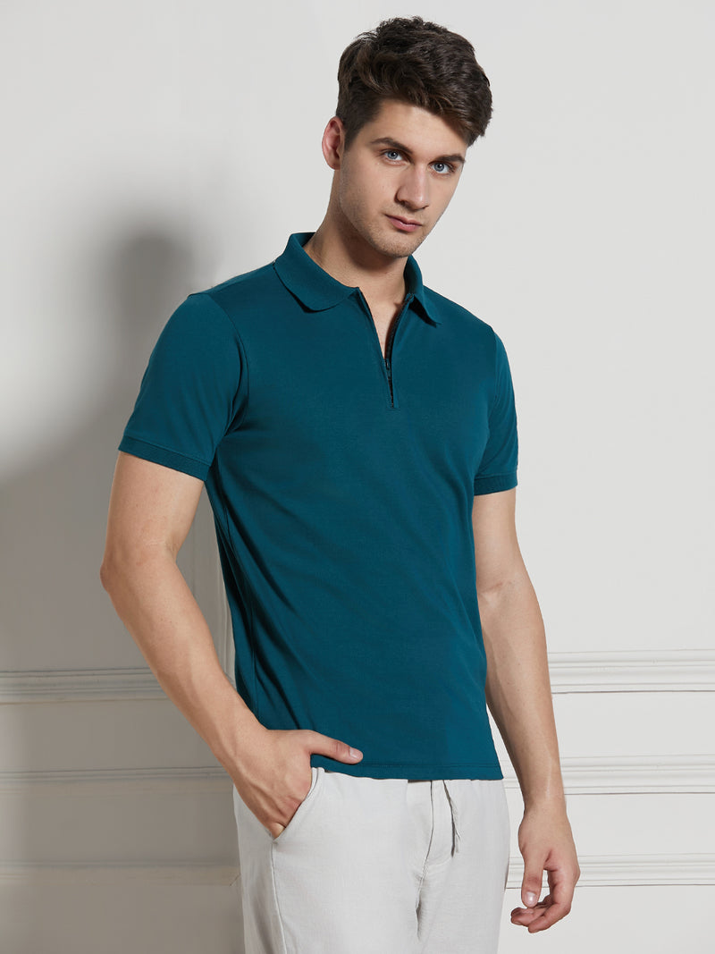 Dennis Lingo Men Teal Solid Cotton Poly Regular Fit Polo T-Shirt