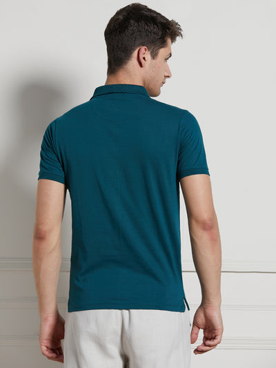 Dennis Lingo Men Teal Solid Cotton Poly Regular Fit Polo T-Shirt