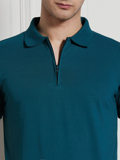 Dennis Lingo Men Teal Solid Cotton Poly Regular Fit Polo T-Shirt
