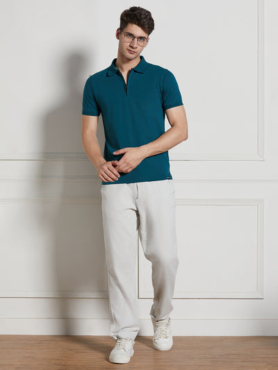 Men's Teal Solid Cotton Poly Regular Fit Polo T-Shirt