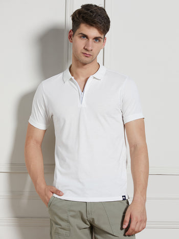 Men's White Solid Cotton Poly Regular Fit Polo T-Shirt