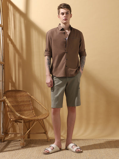 Men's Grey Solid Cargo Shorts