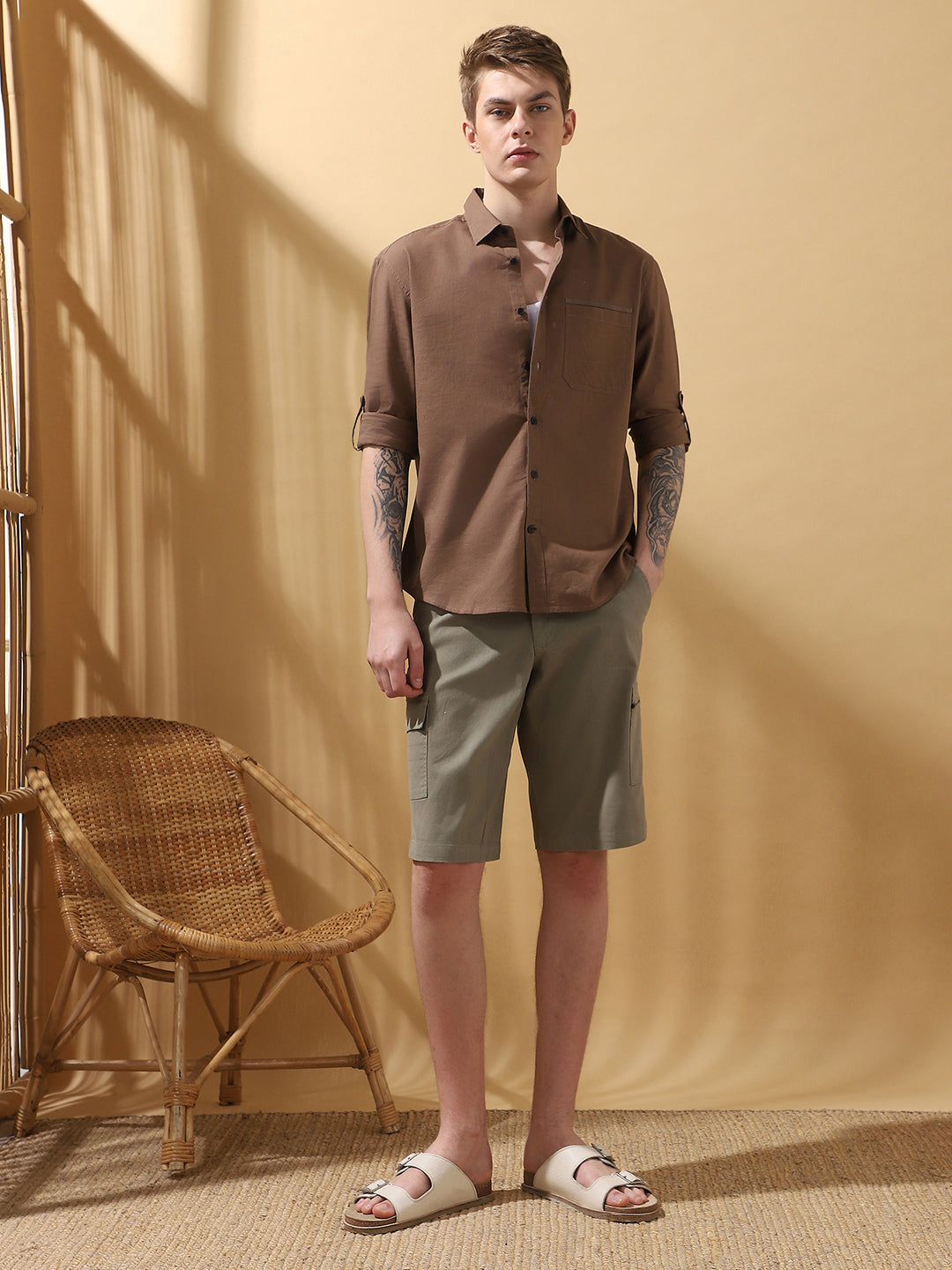 Men's Grey Solid Cargo Shorts