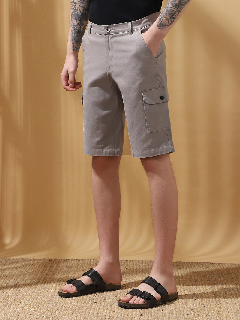 Men's Grey Solid Cargo Shorts