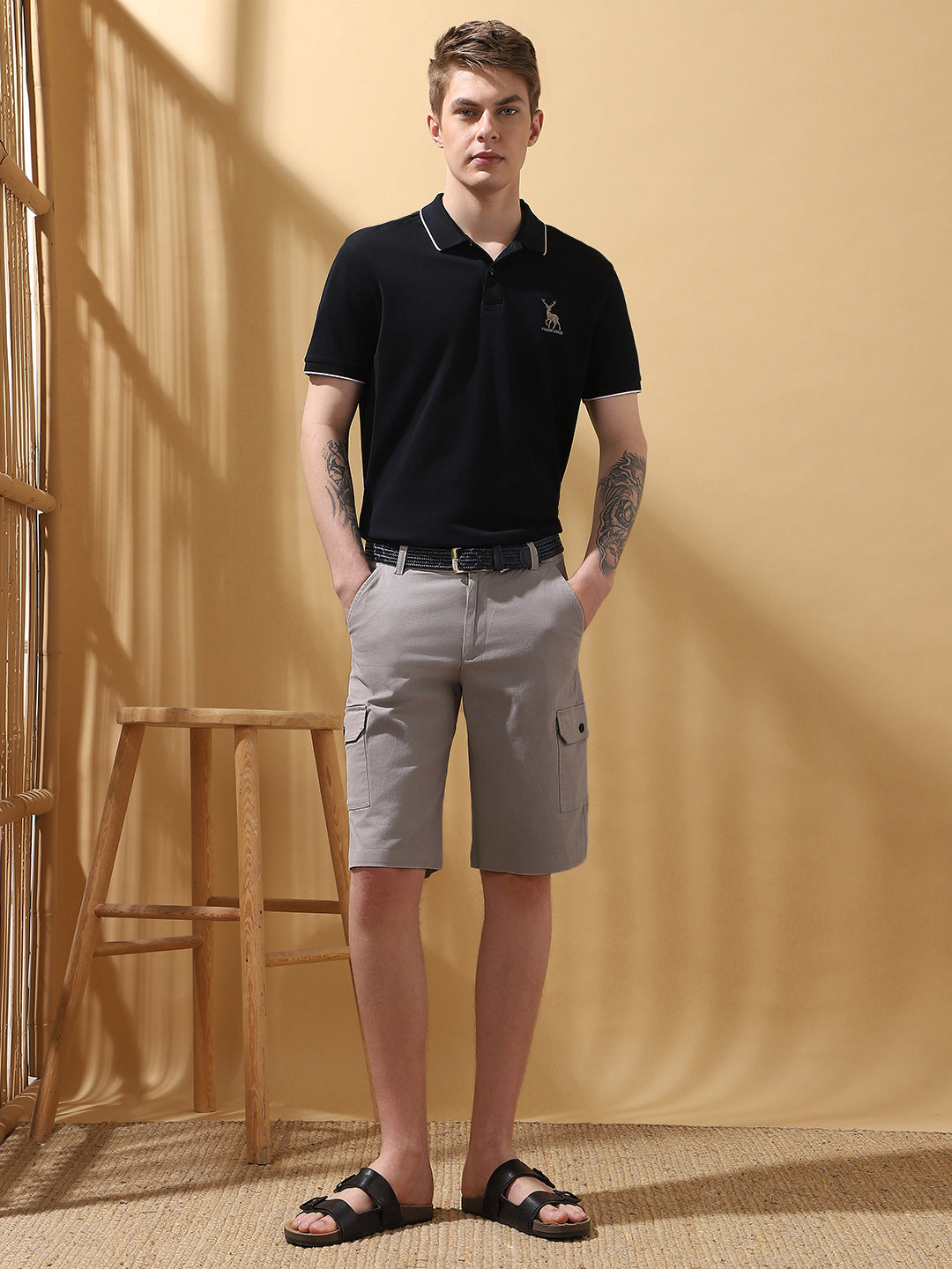 Men's Grey Solid Cargo Shorts