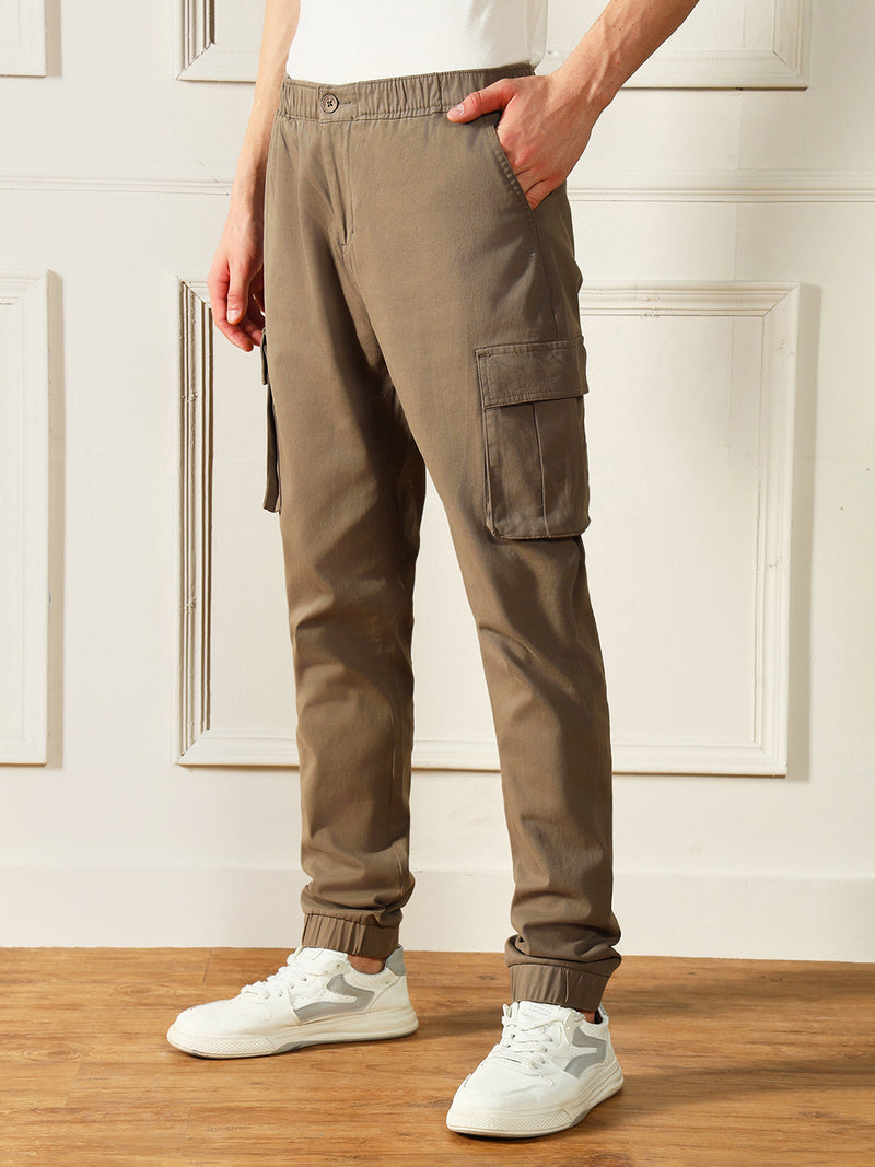 Men's Taupe Solid Casual Trouser