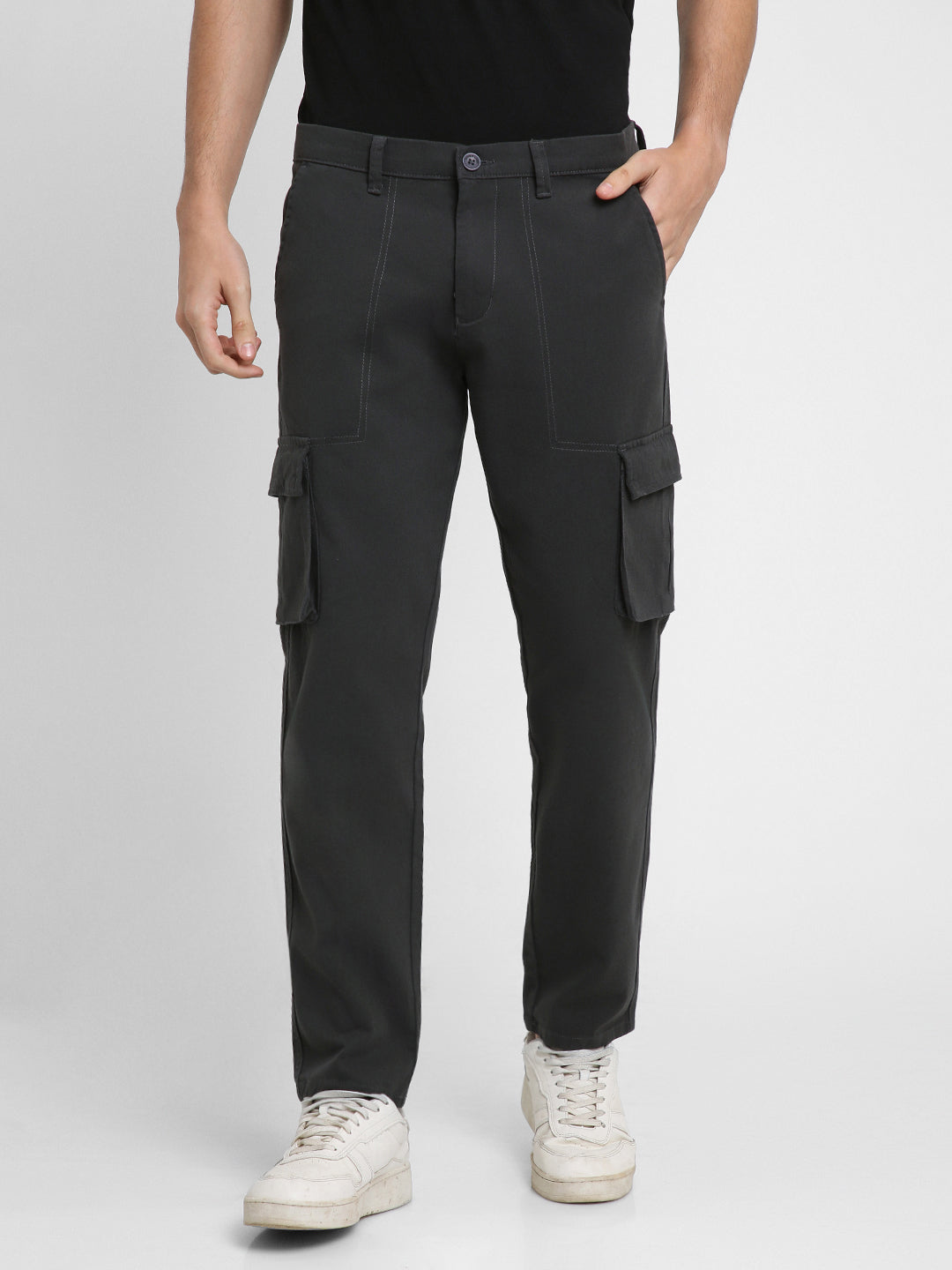 Men's Charcoal Grey Solid Cargo trousers