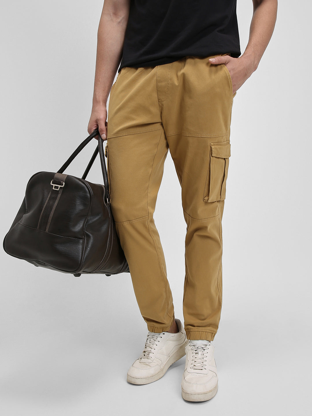 Men's Khaki Solid Cargo Joggers