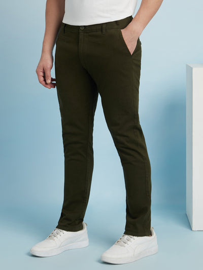 Men Olive Solid Straight Fit Chinos