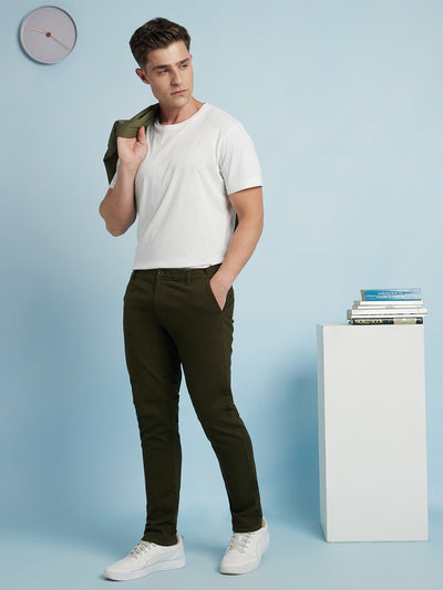 Men Olive Solid Straight Fit Chinos