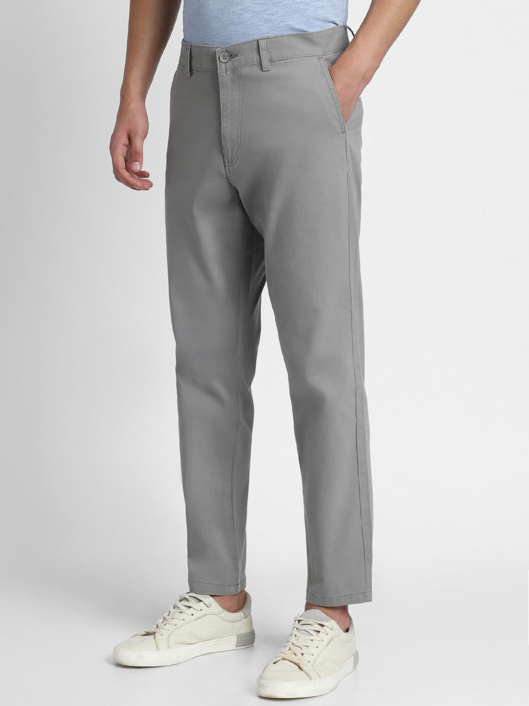 Men's Mid Grey Solid Casual Trousers