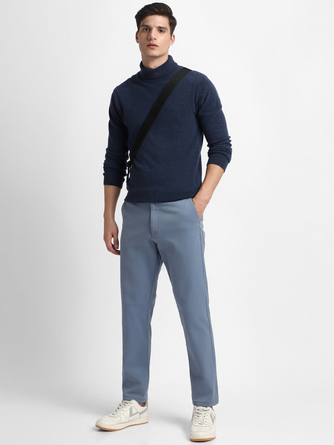 Men's Steel Blue Solid Stretchable Casual Trousers