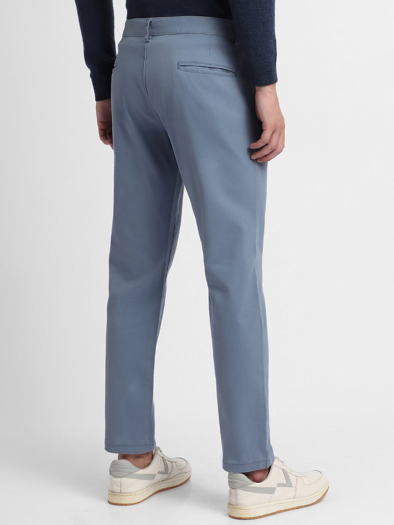 Men's Steel Blue Solid Stretchable Casual Trousers