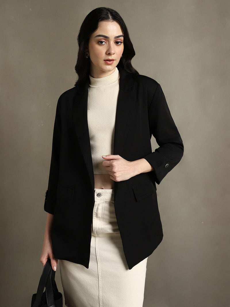 DL Woman Black Solid Lapel Collar Full Sleeves Regular Fit Blazer