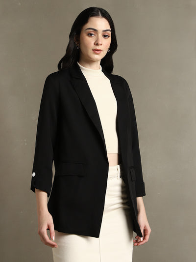 DL Woman Black Solid Lapel Collar Full Sleeves Regular Fit Blazer