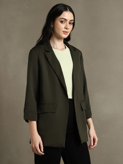 DL Woman Forest Green Solid Lapel Collar Full Sleeves Regular Fit Blazer