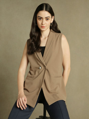 DL Woman Brown Sleeveless Lapel Collar Blazer