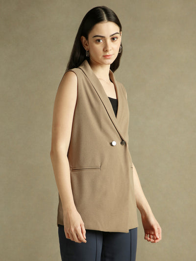 DL Woman Brown Sleeveless Lapel Collar Blazer