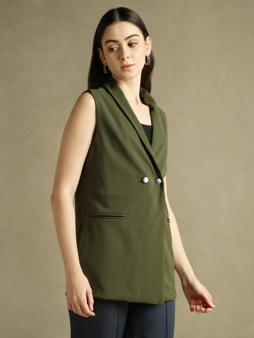 DL Woman Olive Sleeveless Lapel Collar Blazer