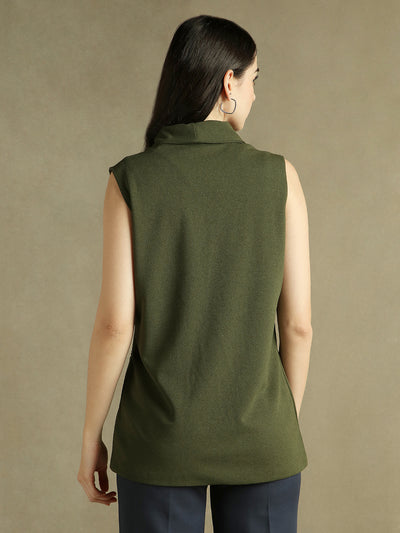 DL Woman Olive Sleeveless Lapel Collar Blazer