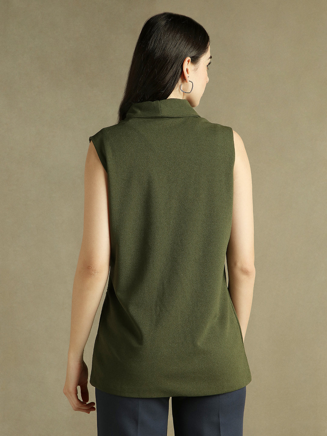 DL Woman Olive Sleeveless Lapel Collar Blazer