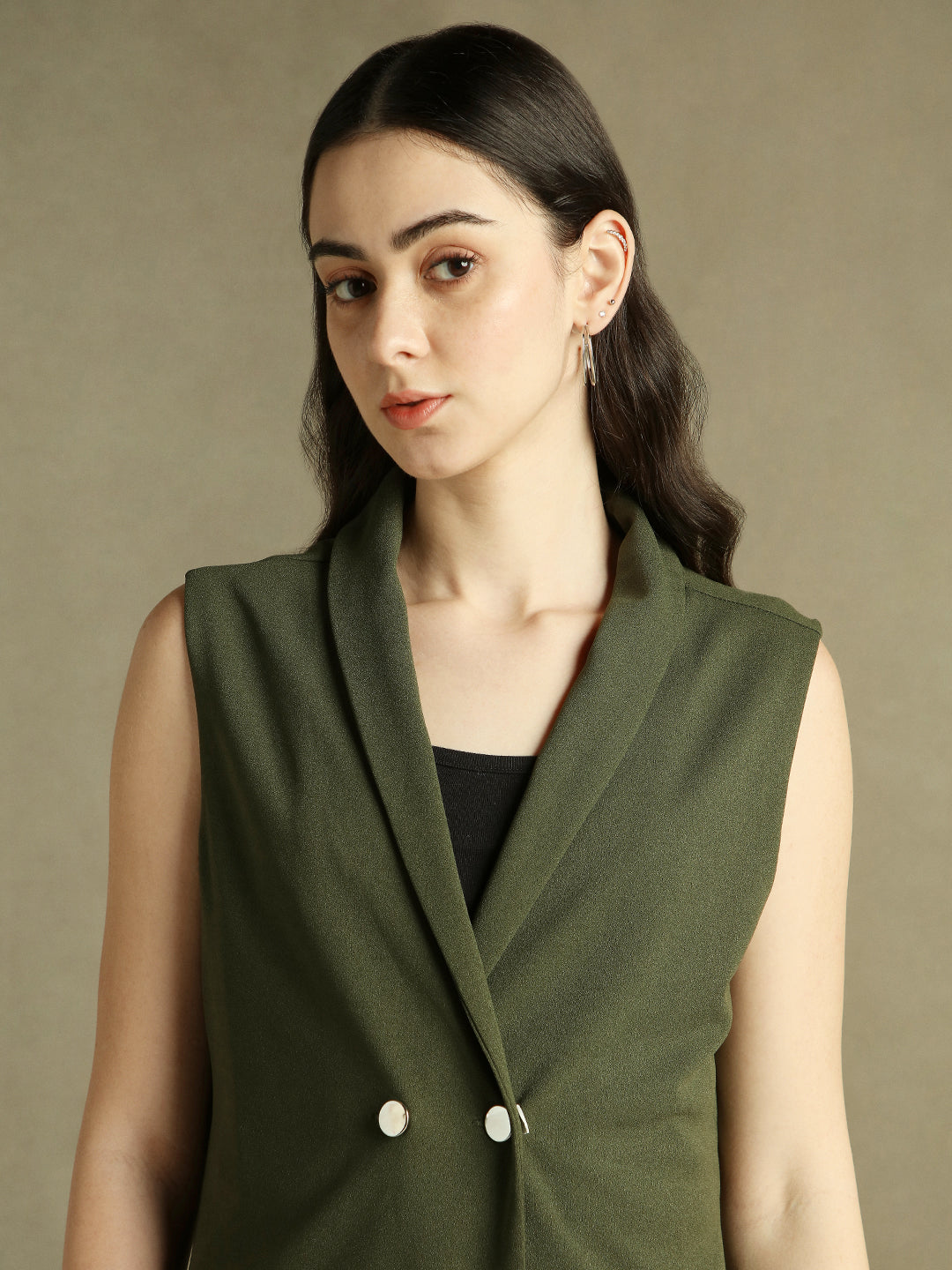 DL Woman Olive Sleeveless Lapel Collar Blazer