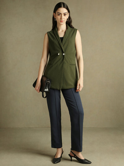 DL Woman Olive Sleeveless Lapel Collar Blazer