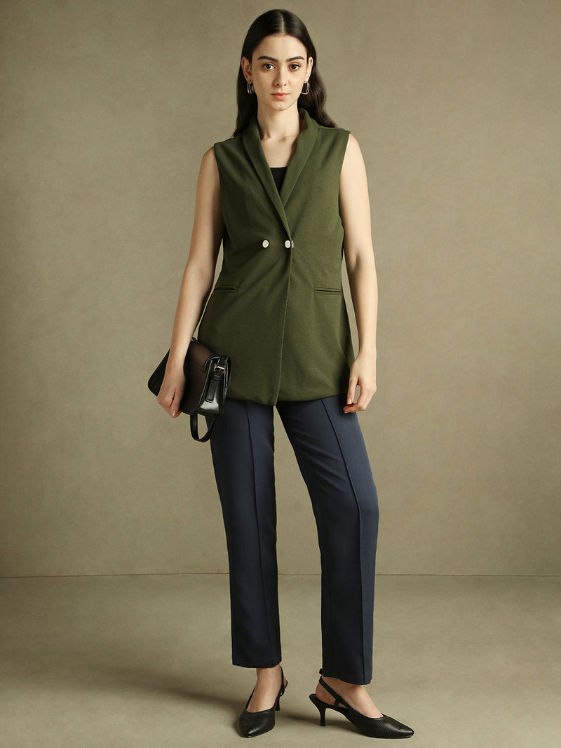 DL Woman Olive Sleeveless Lapel Collar Blazer