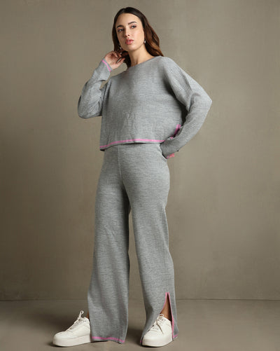 DL Woman Grey Solid Full Sleeves Round Neck Co-ord Set