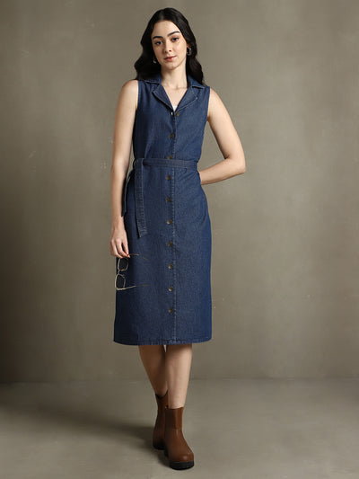 DL Woman Dark Blue Solid Notch Lapel Sleeveless Dress