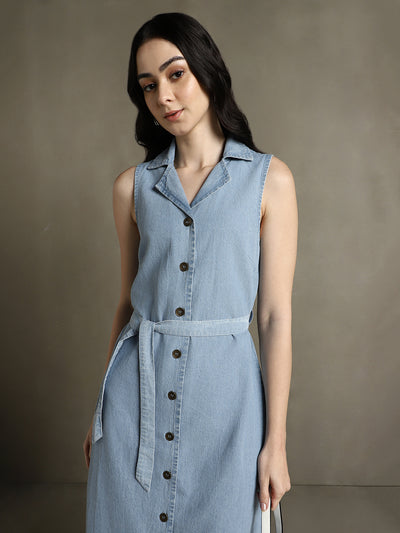 DL Woman Light Blue Solid Notch Lapel Sleeveless Dress