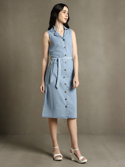 DL Woman Light Blue Solid Notch Lapel Sleeveless Dress