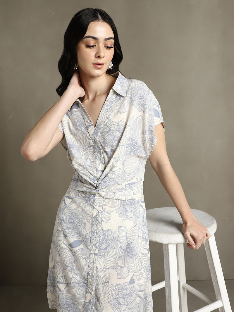 DL Woman White Printed Shirt Collar Half Sleeves Regular Fit Dress