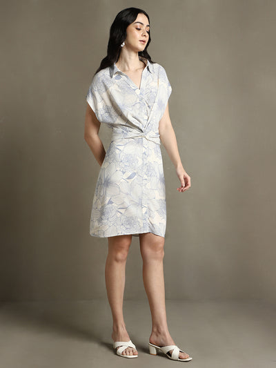 DL Woman White Printed Shirt Collar Half Sleeves Regular Fit Dress