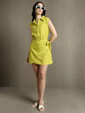 DL Woman Green Solid Shirt Collar Mini Dress