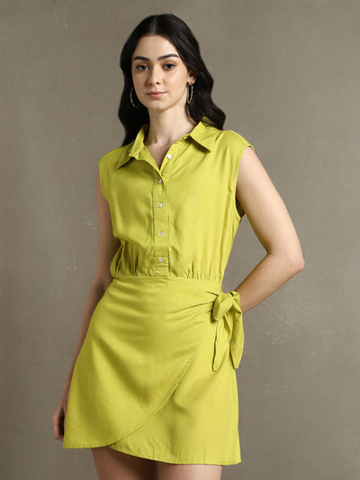 DL Woman Green Solid Shirt Collar Mini Dress