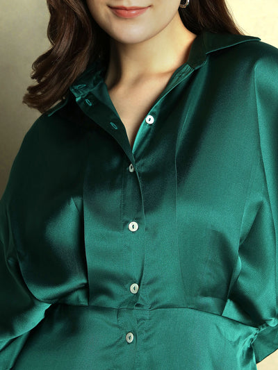 DL Woman Dark Green Shirt collar Satin Dress