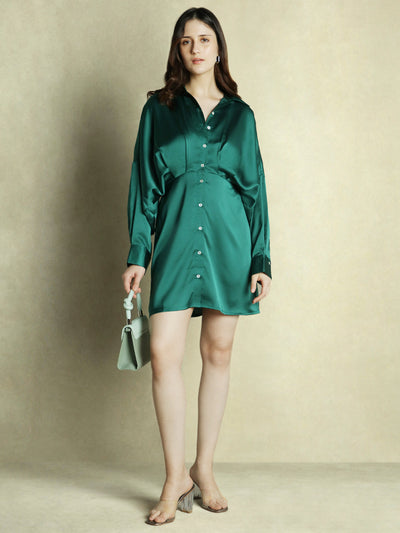 DL Woman Dark Green Shirt collar Satin Dress