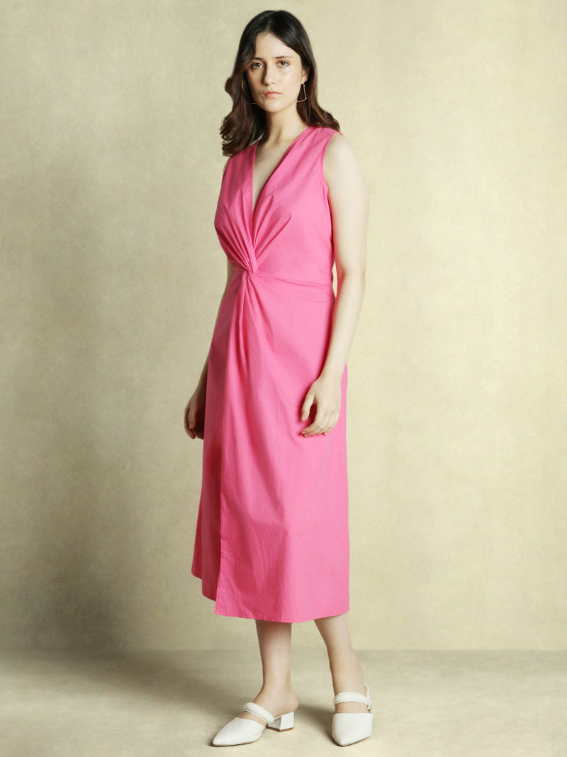 DL Woman Pink Solid V-Neck Knotted Maxi Dress