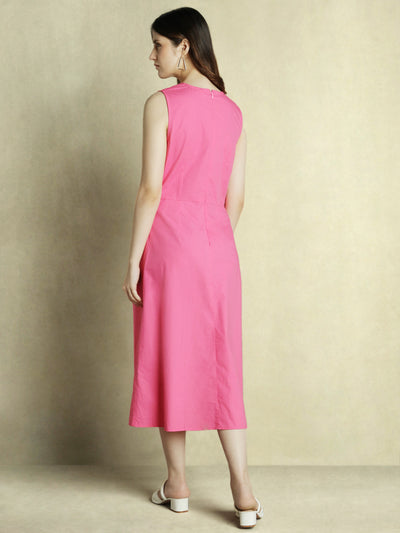 DL Woman Pink Solid V-Neck Knotted Maxi Dress