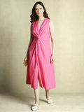 DL Woman Pink Solid V-Neck Knotted Maxi Dress