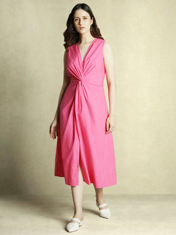 DL Woman Pink Solid V-Neck Knotted Maxi Dress