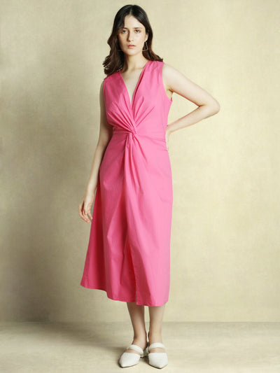 DL Woman Pink Solid V-Neck Knotted Maxi Dress