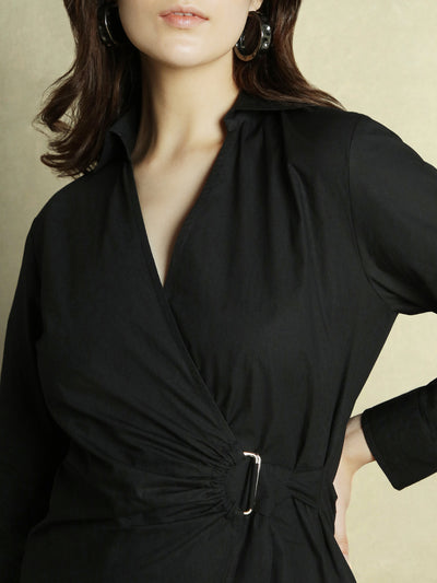 DL Woman Black Solid V-Neck Wrap Dress