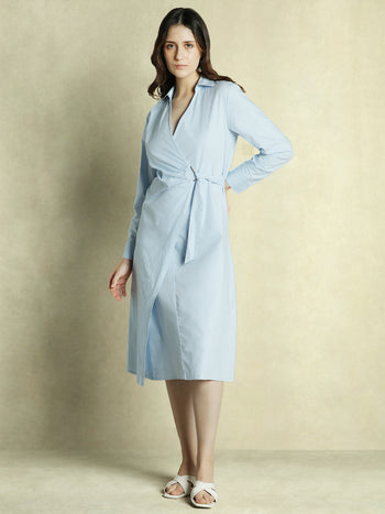 DL Woman Powder Blue Solid V-Neck Wrap Dress