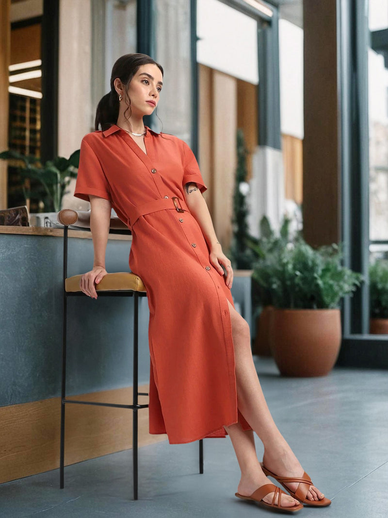 DL Woman Shirt Collar Solid Rust A-Line Dress