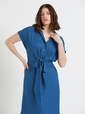 DL Woman Shirt Collar Regular Fit Solid Blue Midi Tie-Up Dress